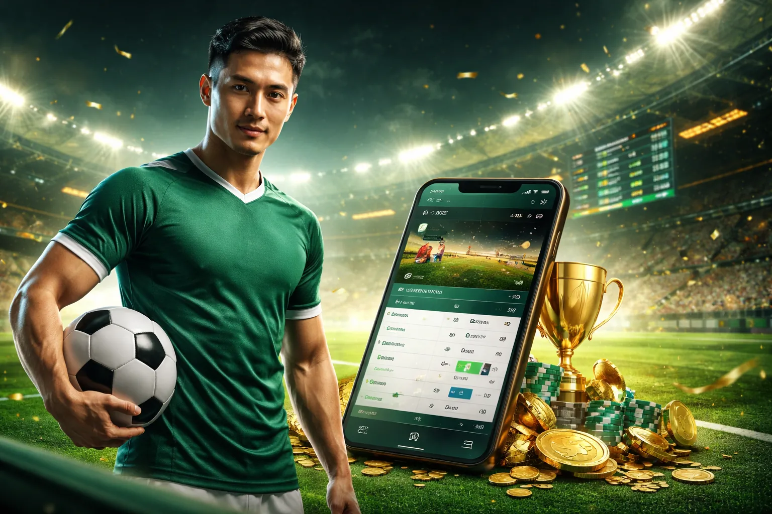 Sân vận động bóng đá với giao diện cá cược banca29 trên màn hình lớn
